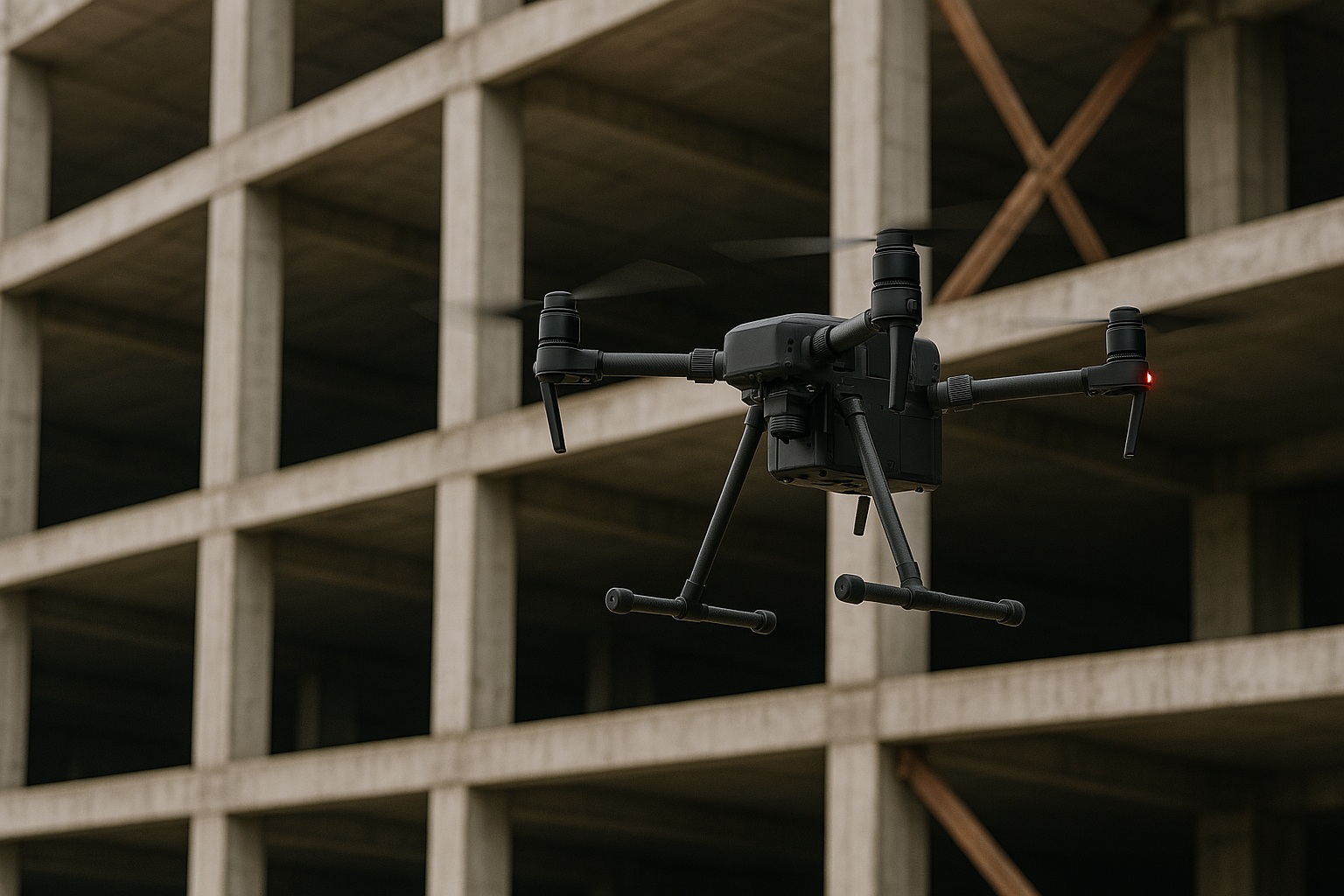 Dron inspeccionando la estructura de un edificio con tecnología 3D.