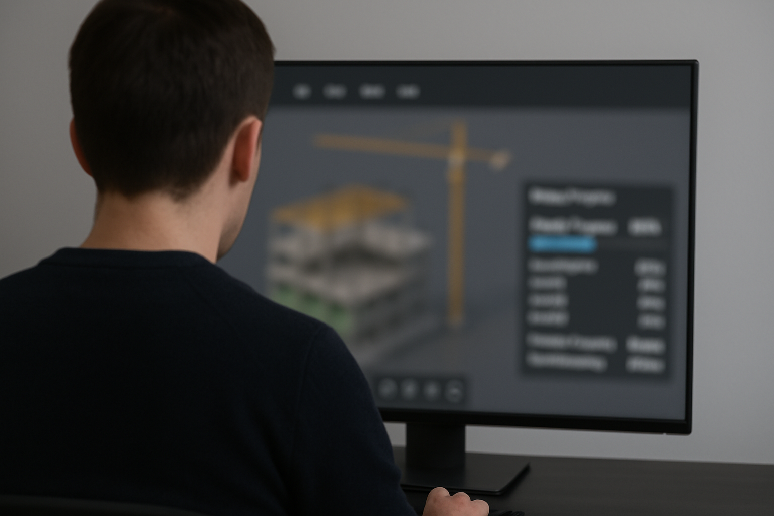 Mapa 3D de una construcción en progreso con datos en pantalla.