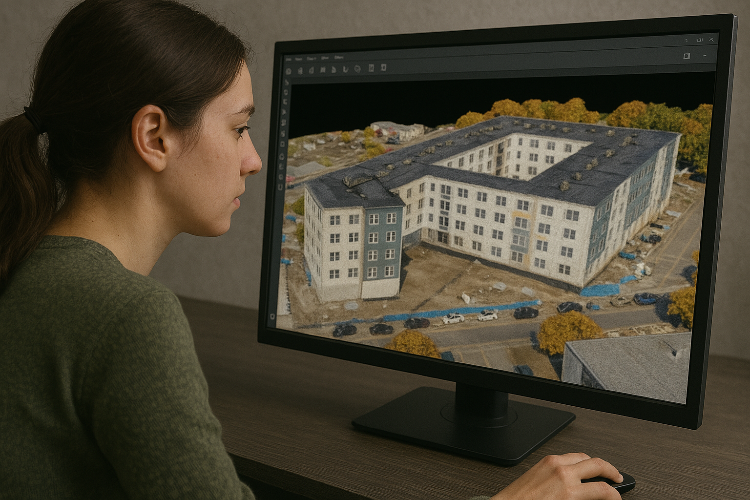 Arquitecto revisando un modelo 3D de un edificio en una pantalla.